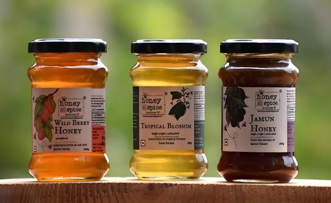 3 different honey with different color sourced from different places by honey and spice